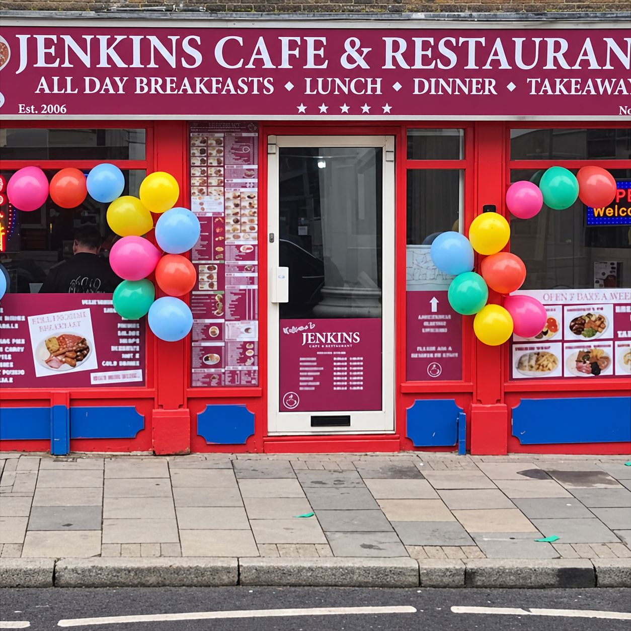 Perspective-adjusted preview of Jenkins Cafe’s red storefront, based on its public photograph